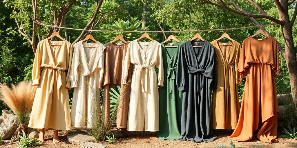 Colorful sustainable clothing displayed on a natural background.