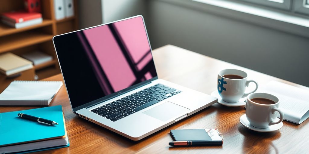 Laptop and coffee on desk, symbolizing online learning.