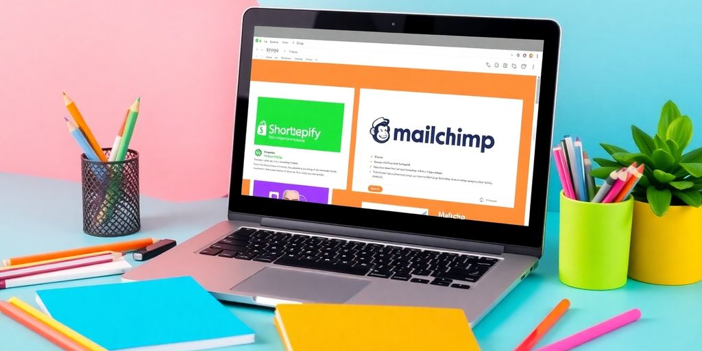 Laptop displaying Shopify and Mailchimp email interfaces.