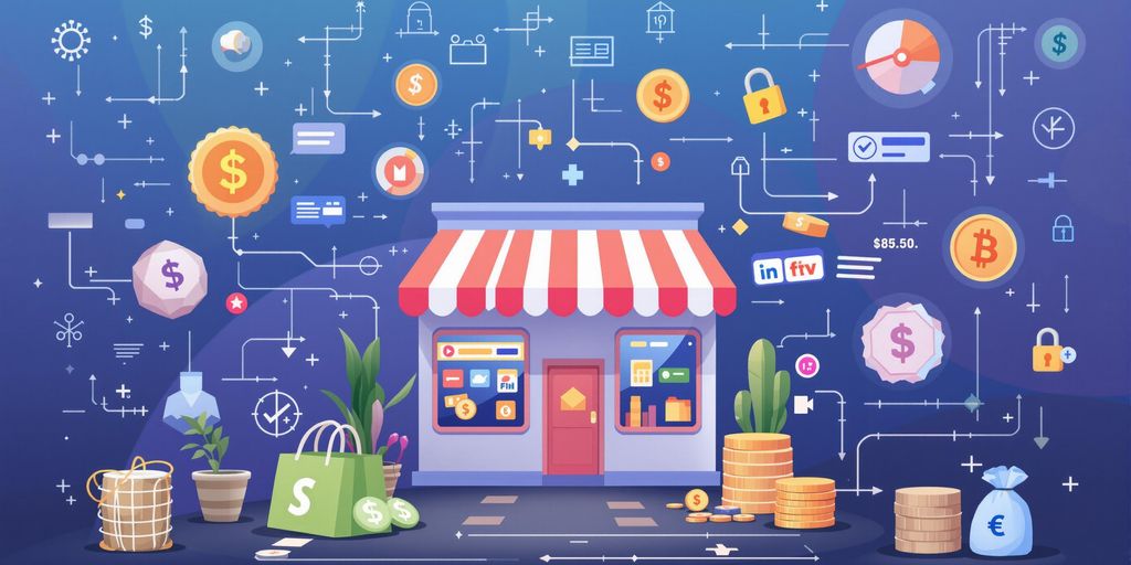 Shopify storefront with payment icons and digital currencies.