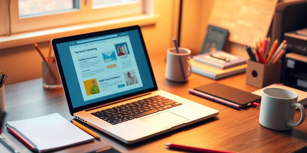 Laptop on desk with stationery and coffee cup.